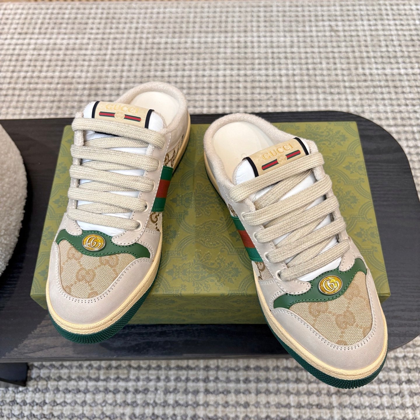 GUCCI 26S BACKLESS SNEAKERS IN BEIGE CANVAS AND LEATHER