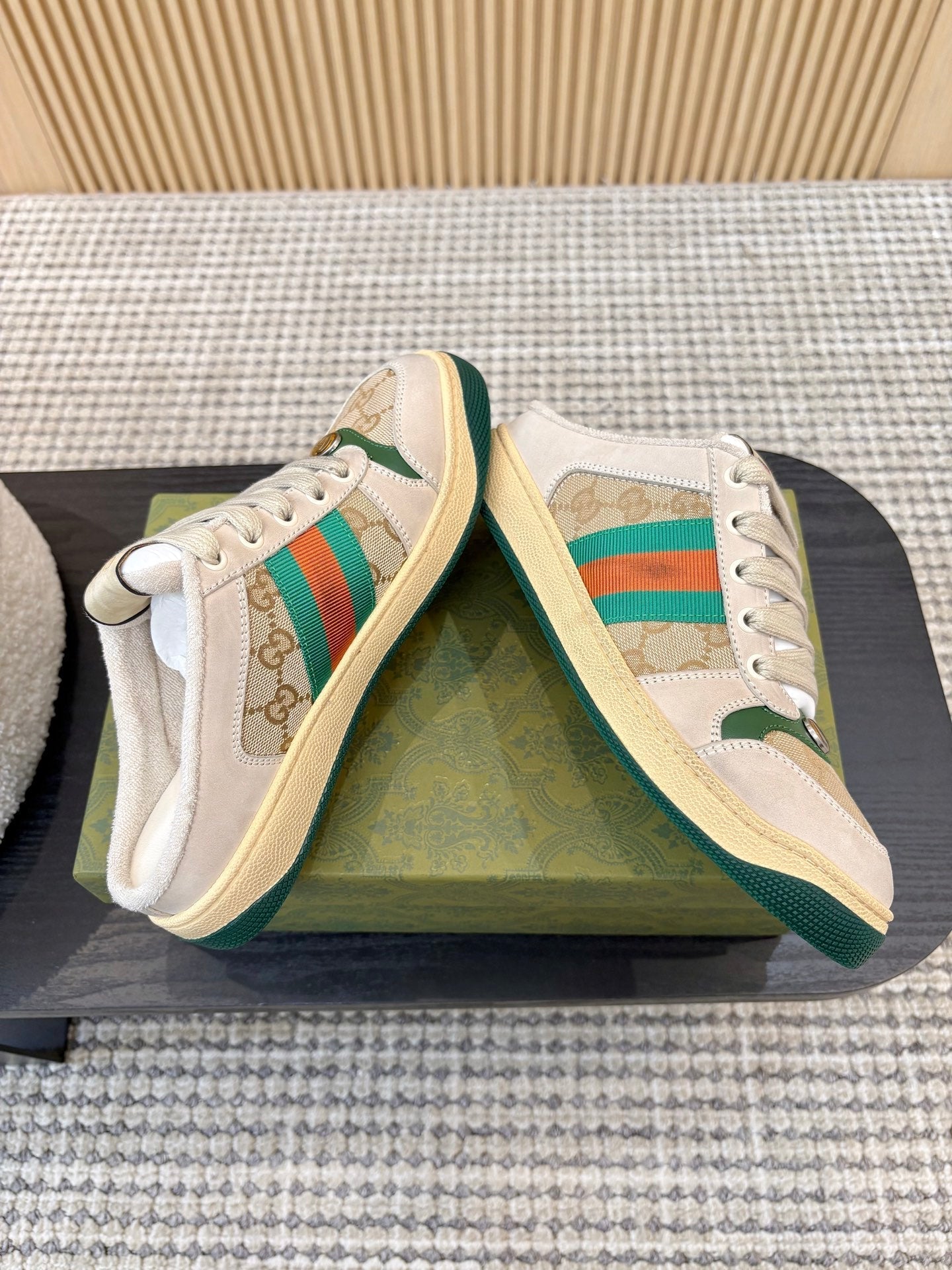 GUCCI 26S BACKLESS SNEAKERS IN BEIGE CANVAS AND LEATHER