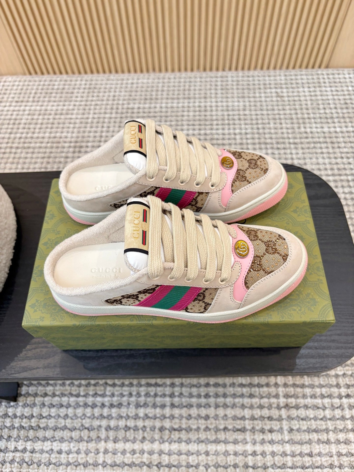 GUCCI 26S BACKLESS SNEAKERS IN BROWN CANVAS AND BEIGE LEATHER
