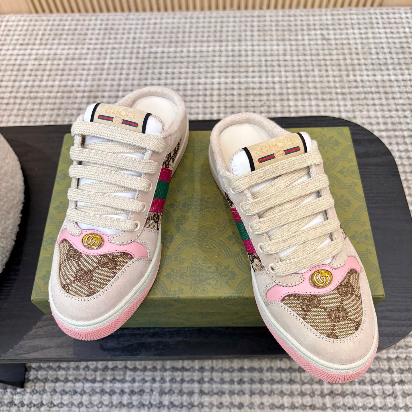 GUCCI 26S BACKLESS SNEAKERS IN BROWN CANVAS AND BEIGE LEATHER
