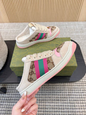 GUCCI 26S BACKLESS SNEAKERS IN BROWN CANVAS AND BEIGE LEATHER