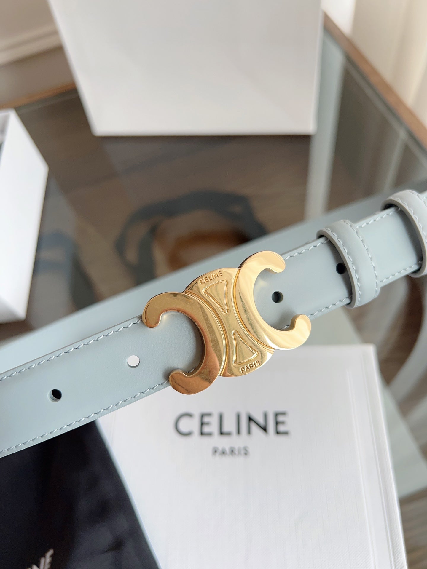 TRIOMPHE BELT 24MM IN ASH GRAY CALFSKIN WITH GOLD BUCKLE