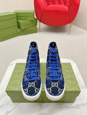 GUCCI 26S HIGH TOP SNEAKERS IN BLACK BLUE GG MONOGRAM CANVAS