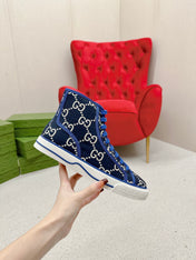 GUCCI 26S HIGH TOP SNEAKERS IN BLACK BLUE GG MONOGRAM CANVAS