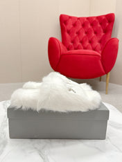 BALENCIAGA 25S SOFT FUR SLIPPERS IN WHITE FUR WITH RHINESTONE BOW