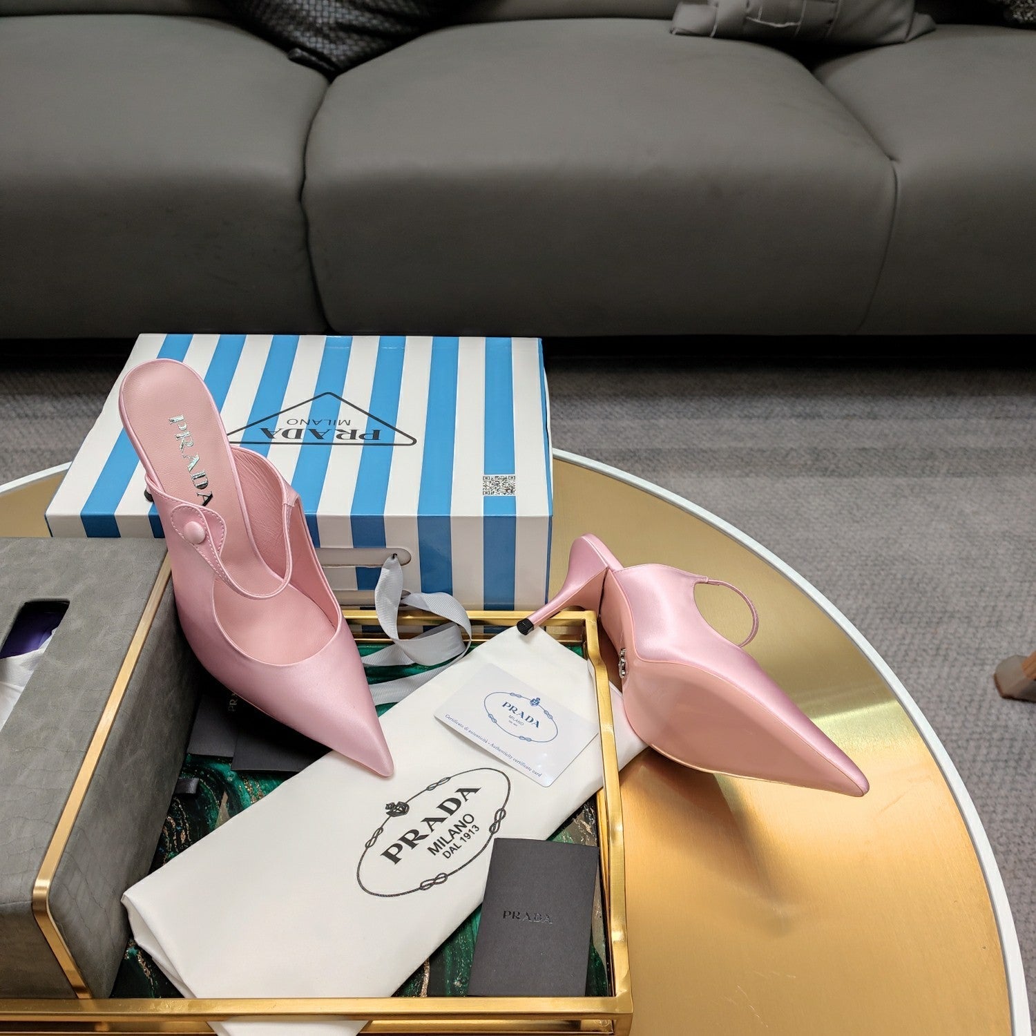 PRADA 26S HIGH-HEELED MULES 85MM IN LIGHT PINK SATIN
