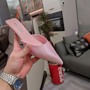 PRADA 26S POINTED TOE MULES 40MM IN LIGHT PINK SATIN