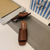 PRADA 26S TRIANGLE HEEL SANDALS 40MM IN BROWN SATIN