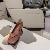 TRIANGLE LOGO PUMPS IN CHESTNUT BROWN SATIN