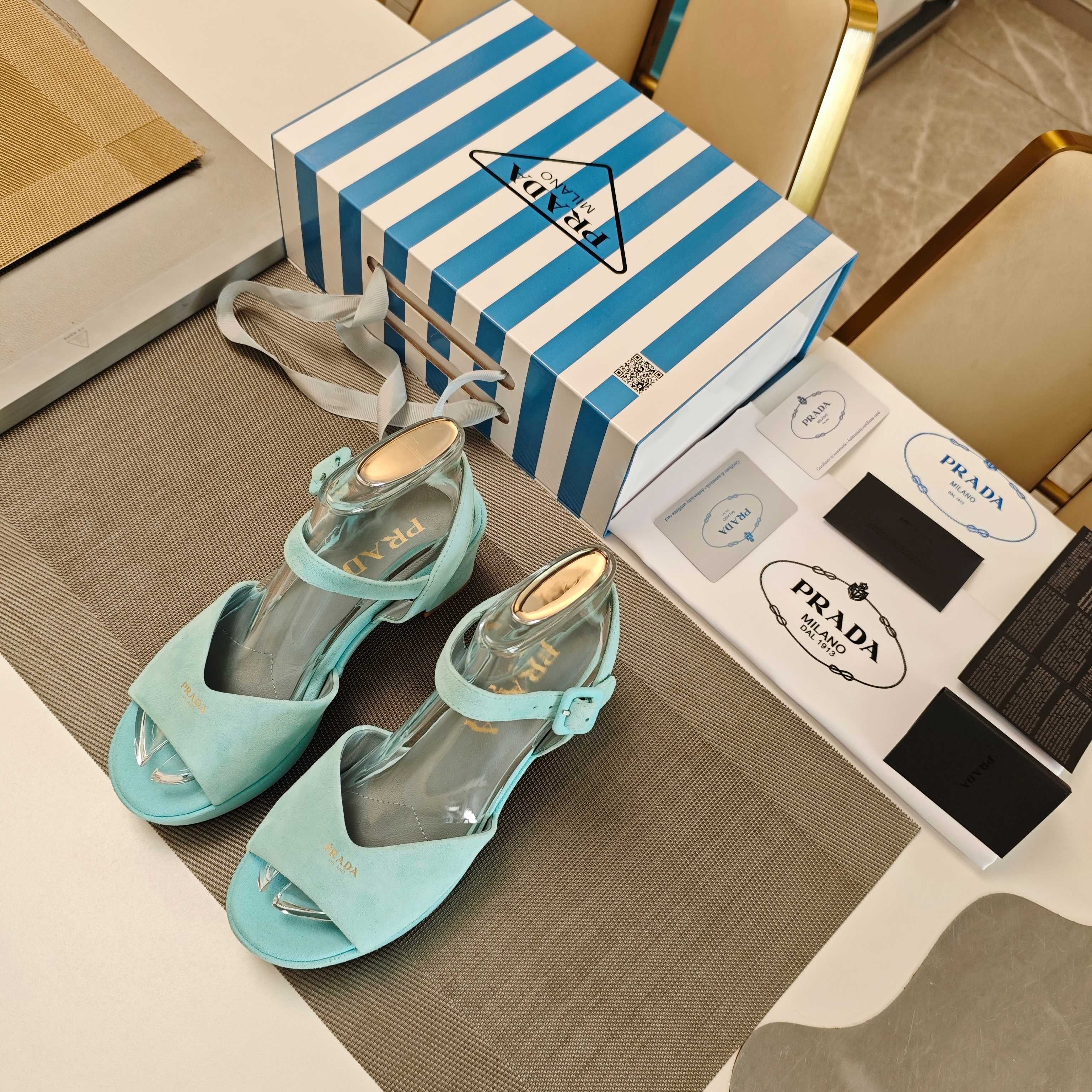 PRADA 26S HEELED SANDALS 65MM IN DUSTY TEAL BLUE SUEDE
