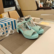 PRADA 26S HEELED SANDALS 65MM IN DUSTY TEAL BLUE SUEDE
