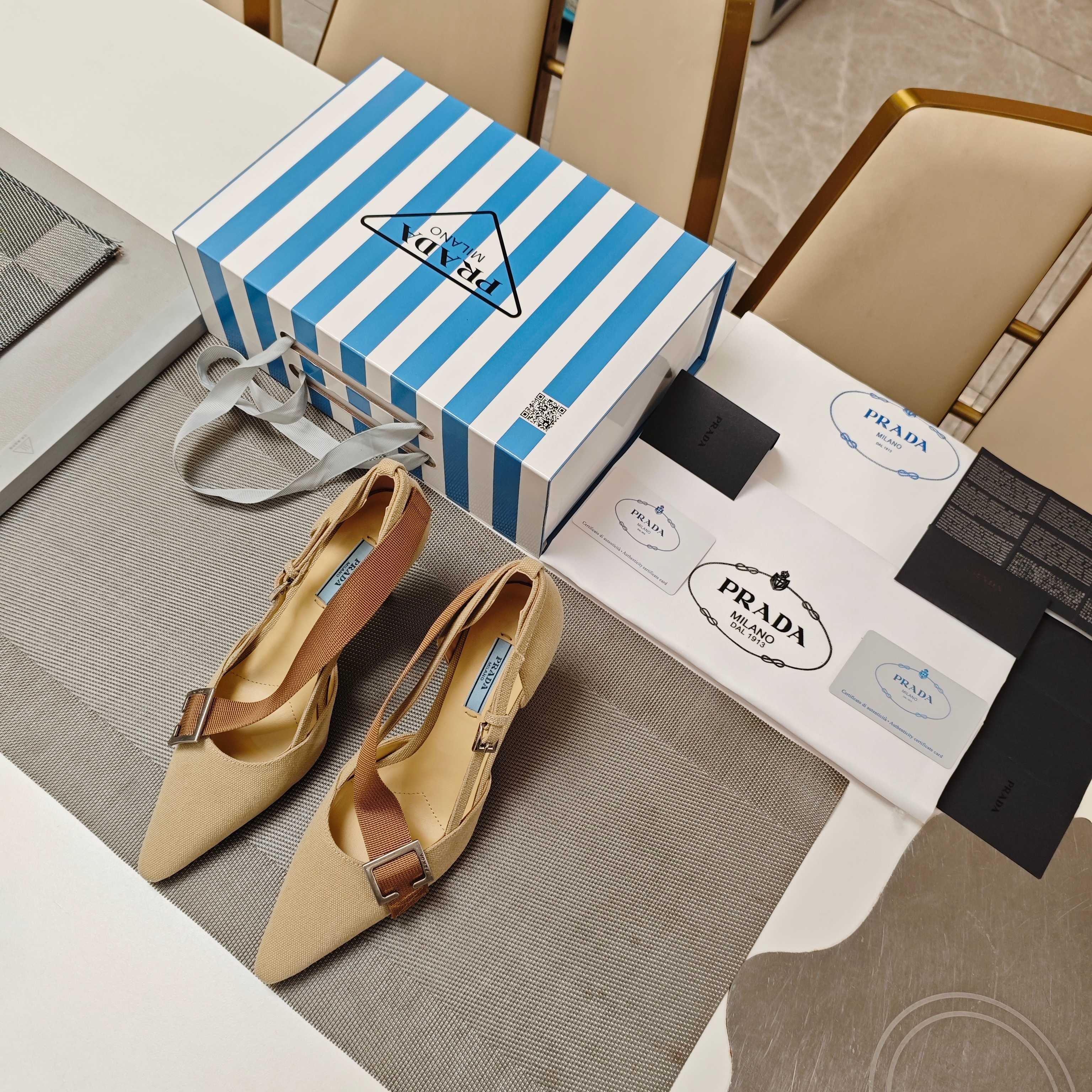 PRADA 26S SLINGBACK SANDALS 70MM IN BEIGE FABRIC