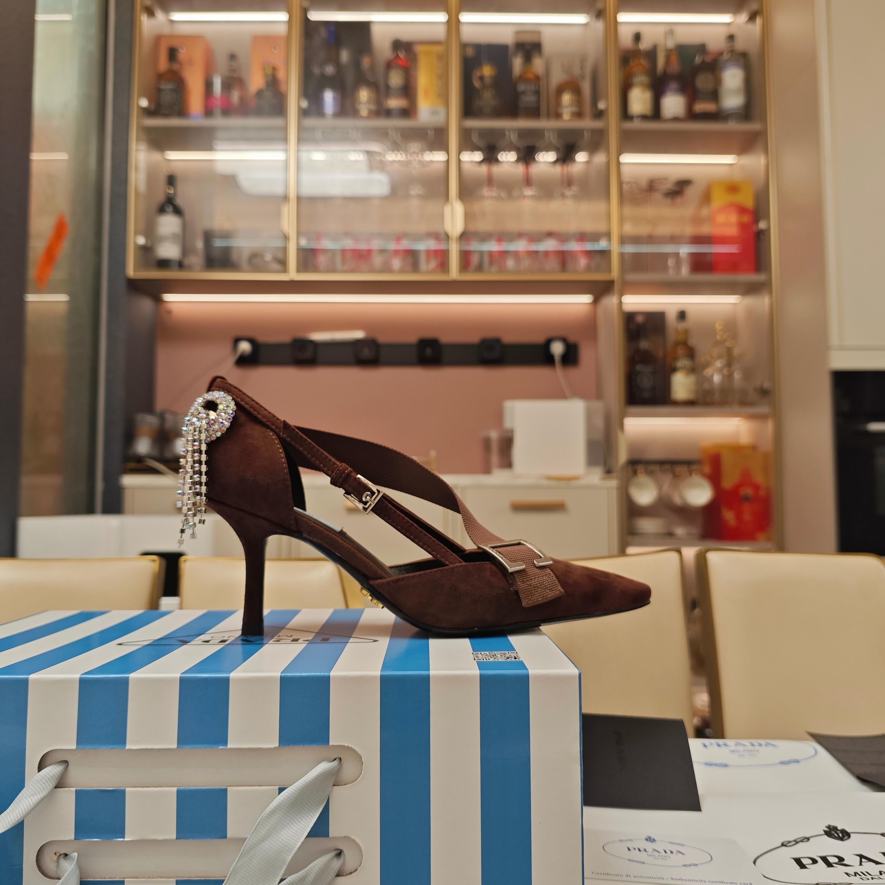 PRADA 26S POINTED-TOE HIGH-HEELED 70MM IN DARK BROWN SUEDE