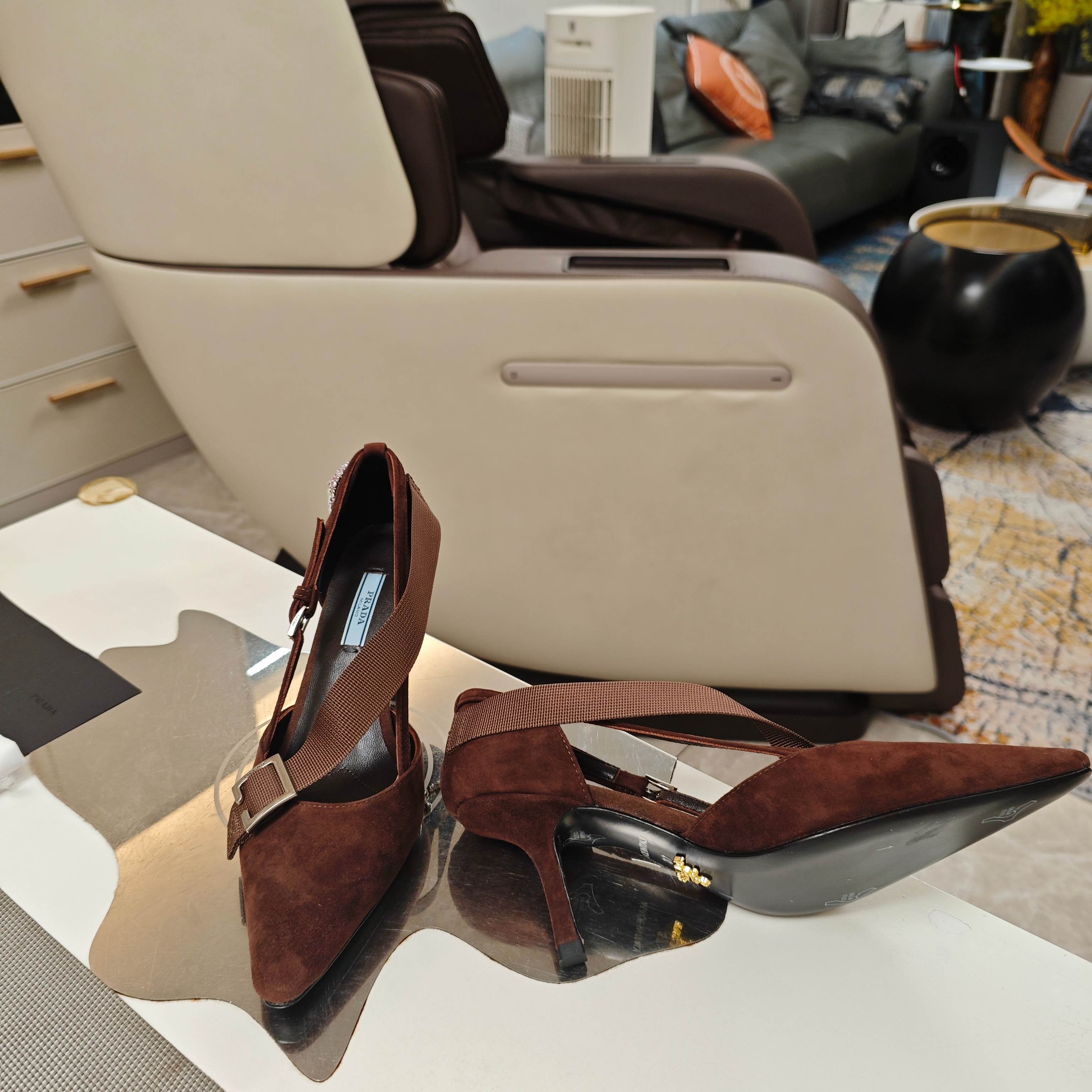 PRADA 26S POINTED-TOE HIGH-HEELED 70MM IN DARK BROWN SUEDE