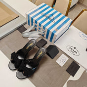 PRADA 26S HEEL MULE SANDALS 75MM IN BLACK CALFSKIN WITH BOW