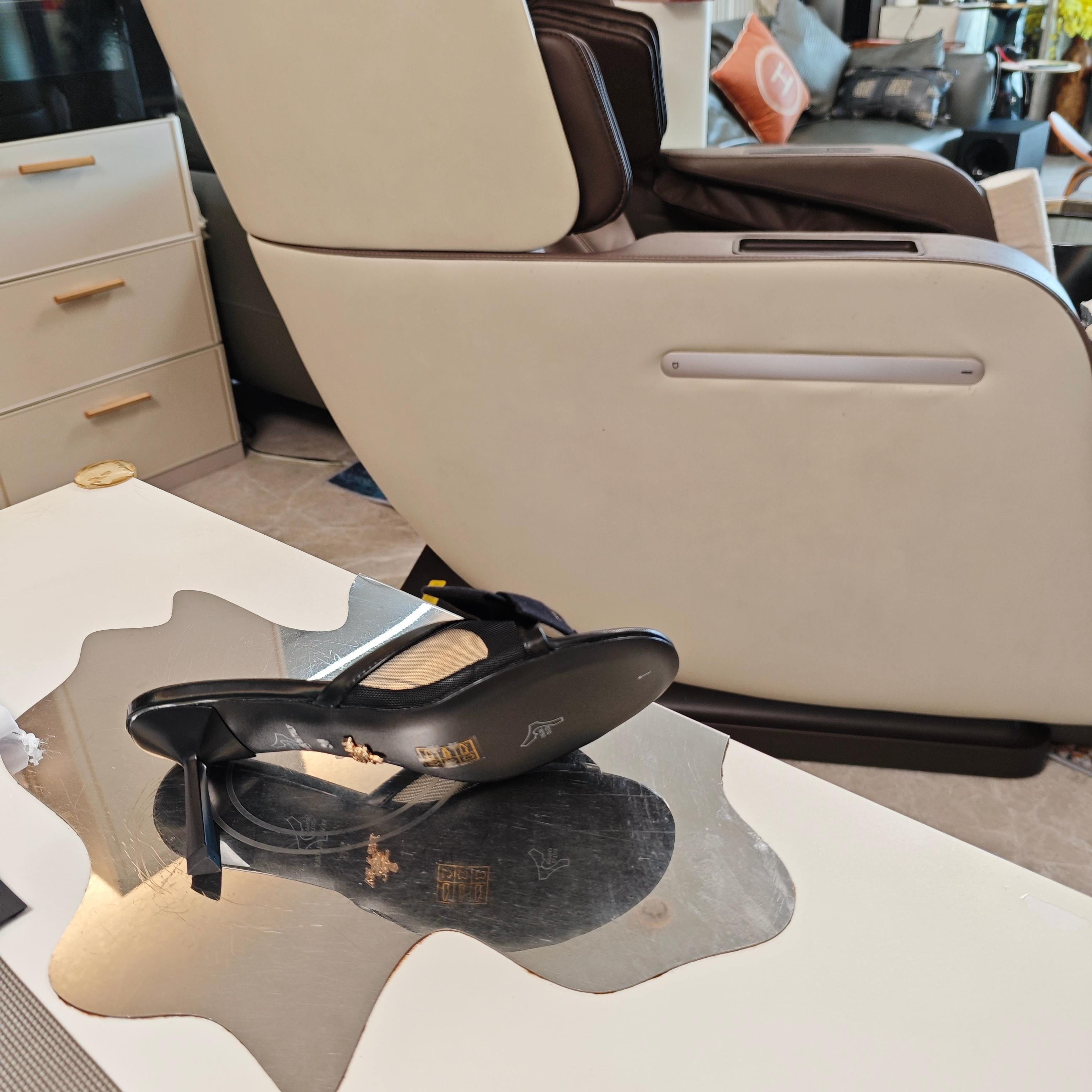 PRADA 26S HEEL MULE SANDALS 75MM IN BLACK CALFSKIN WITH BOW