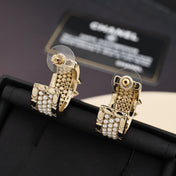 CHANEL 26S DOUBLE C LOGO PEARL & CRYSTAL HOOP EARRINGS IN GOLD METAL 630028