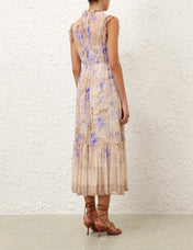 ZIMMER PLEATED V-NECK SLEEVELESS DRESS IN BEIGE MIX PURPLE