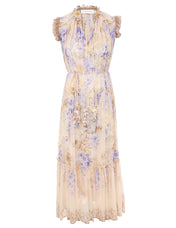ZIMMER PLEATED V-NECK SLEEVELESS DRESS IN BEIGE MIX PURPLE