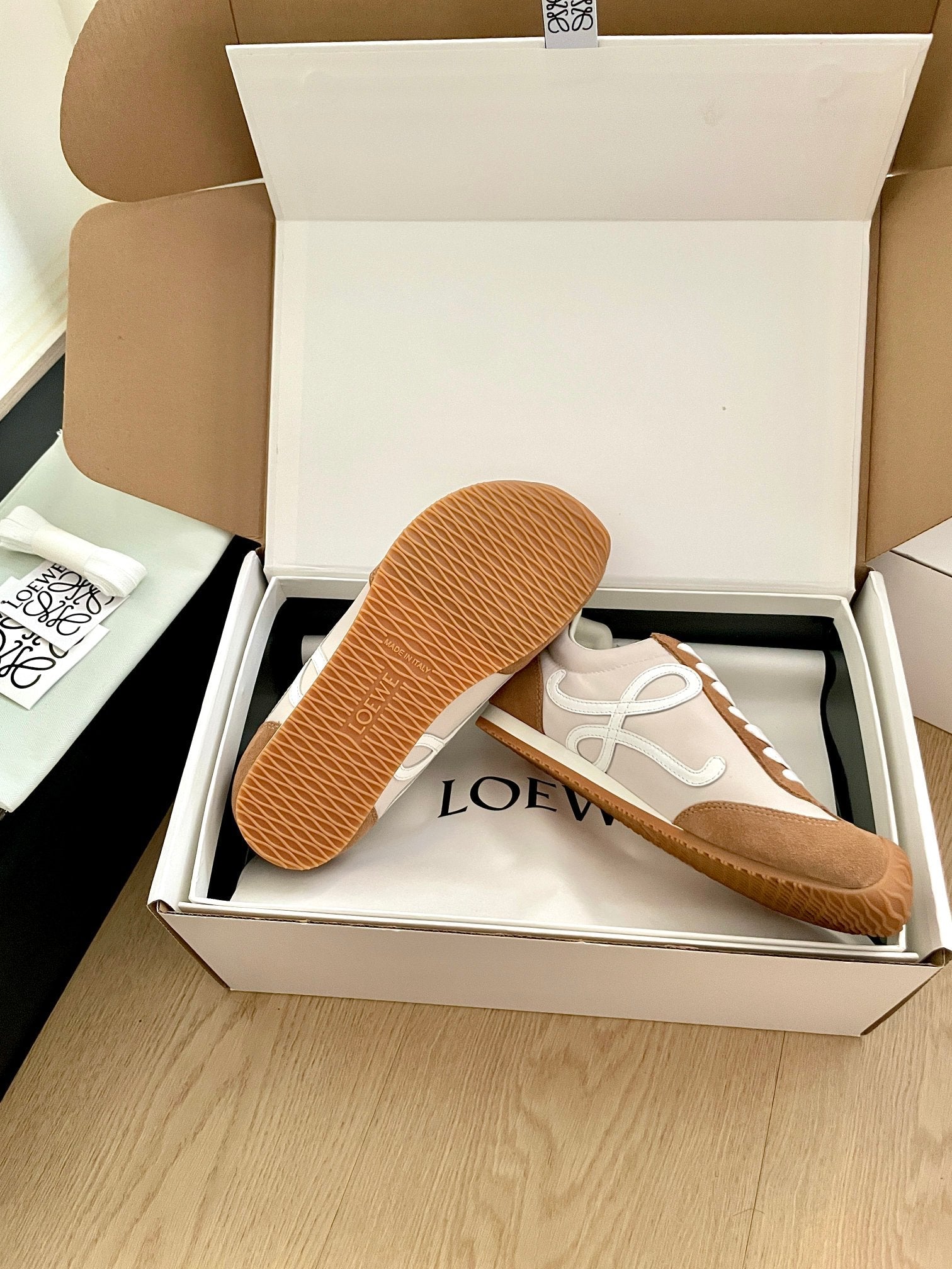 LOEWE 26S BALLET RUNNER 2.0 IN BROWN SUEDE AND BEIGE NYLON