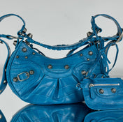 LE CAGOLE SMALL SHOULDER BAG 26 WITH RHINESTONES IN DODPER BLUE CROCODILE EMBOSSED CALFSKIN