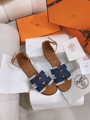 HM 26S SANTORINI SANDAL IN NAVY BLUE CALFSKIN AND FABRIC