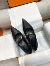 HM 26S MARY JANE POINTED TOE HEELS 40MM IN BLACK CALFSKIN KELLY BUCKLE