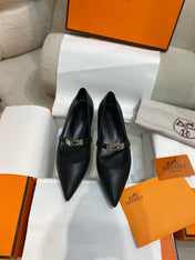 HM 26S KELLY BUCKLE MARY JANE POINTED FLATS IN BLACK CALFSKIN