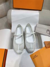 HM 26S KICHU BALLET FLAT IN WHITE CROCHET KNIT AND CALFSKIN