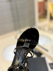 SL CASSANDRA HEELED SANDALS BLACK POLISHED CALFSKIN