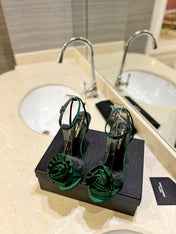 SL IVY FLORAL HEEL SANDALS DARK GREEN SATIN