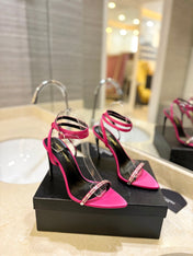 SL RHINESTONE HEELED SANDALS BRIGHT PINK SATIN