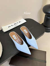 ALAIA HIGH MULES 25S IN LIGHT BLUE SATIN