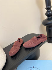 PRADA 25S SHUFFLE LOAFERS IN DARK BROWN SUEDE