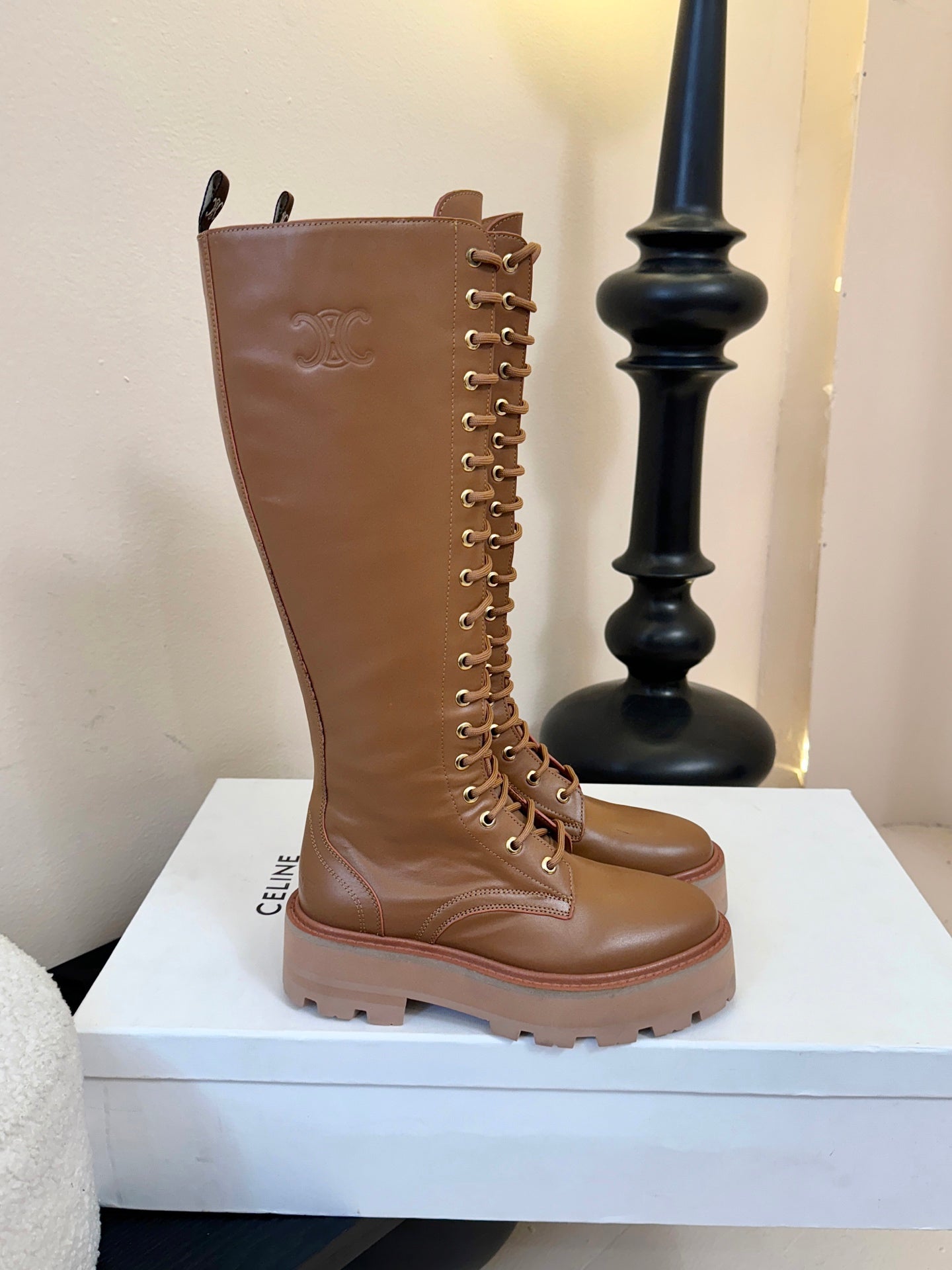 CELINE 26S LACE-UP HIGH-TOP BOOTS 45 MM IN BROWN CALFSKIN