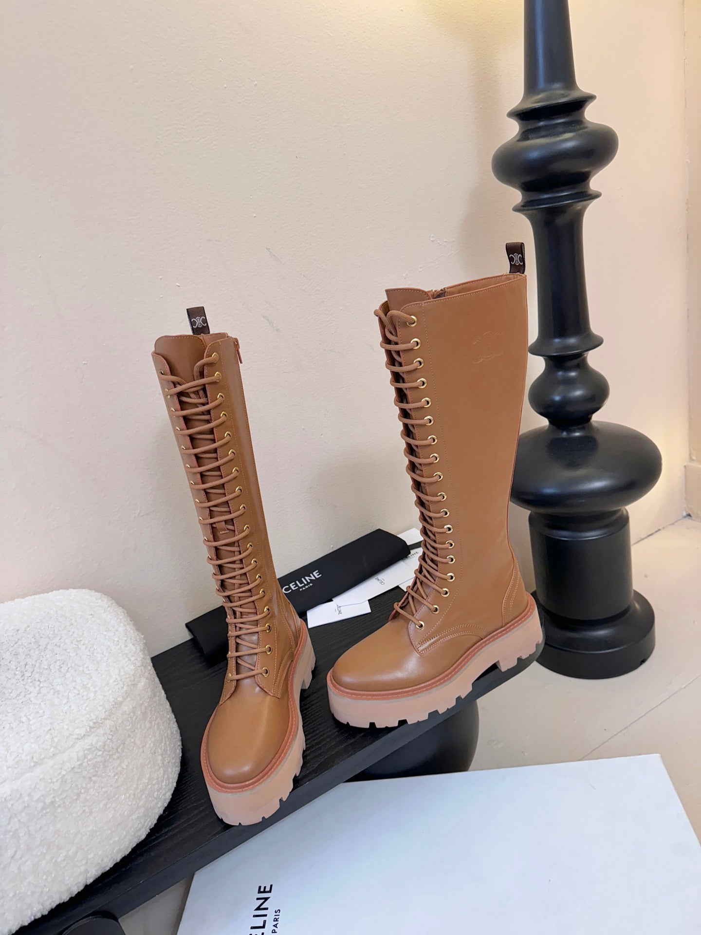CELINE 26S LACE-UP HIGH-TOP BOOTS 45 MM IN BROWN CALFSKIN