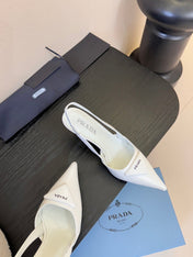 PRADA 26S POINTED TOE SLINGBACK HEELS 60MM IN WHITE CALFSKIN WITH LOGO