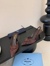 PRADA 26S POINTED TOE SLINGBACK HEELS 60MM IN DARK BROWN SUDE WITH LOGO
