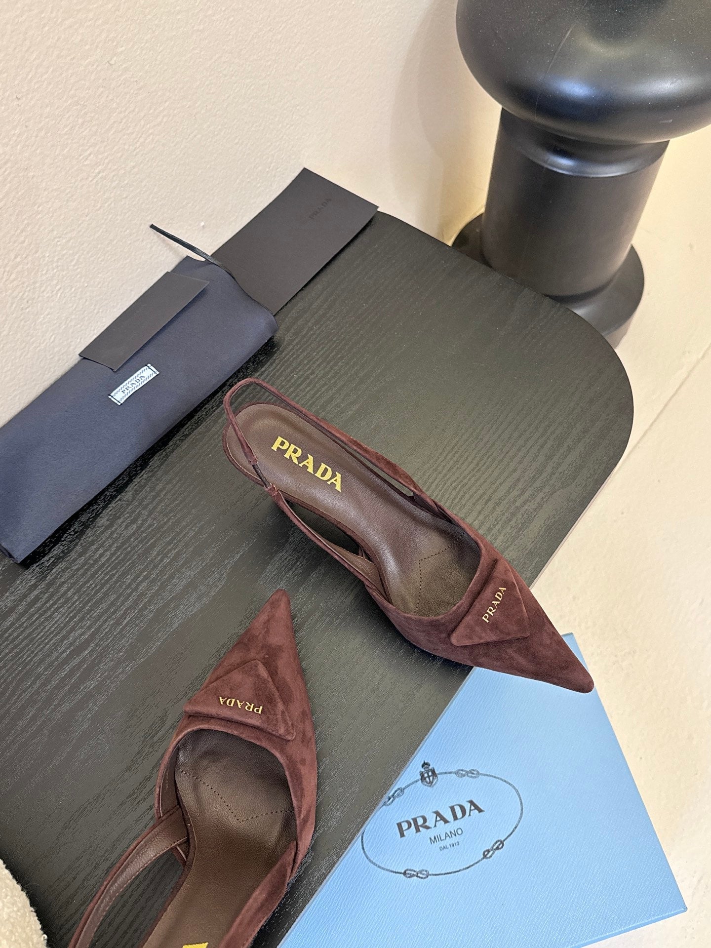 PRADA 26S POINTED TOE SLINGBACK HEELS 60MM IN DARK BROWN SUDE WITH LOGO