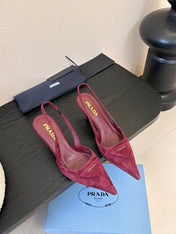 PRADA 26S POINTED TOE SLINGBACK HEELS 60MM IN DARK RED SUDE WITH LOGO