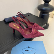 PRADA 26S POINTED TOE SLINGBACK HEELS 60MM IN DARK RED SUDE WITH LOGO