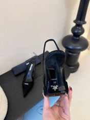 PRADA 26S POINTED TOE SLINGBACK HEELS 60MM IN BLACK SUDE WITH LOGO