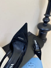 PRADA 26S POINTED TOE SLINGBACK HEELS 60MM IN BLACK SUDE WITH LOGO