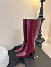 YSL 26S KNEE-HIGH HEELED BOOTS IN DARK RED SHINY CALFSKIN