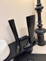 YSL 26S KNEE-HIGH HEELED BOOTS IN BLACK SHINY CALFSKIN