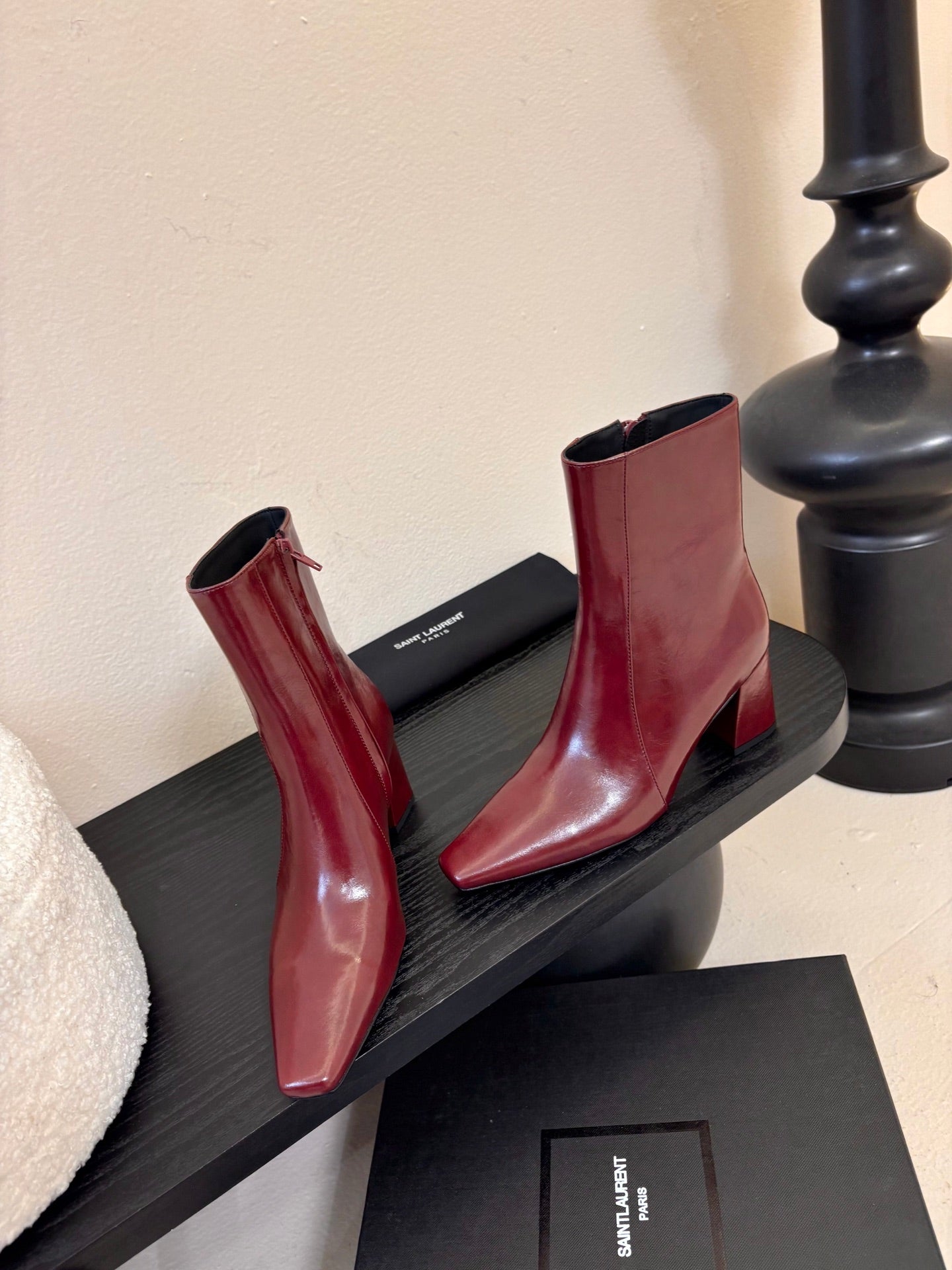 YSL 26S HEELED ANKLE BOOTS IN DARK RED SHINY CALFSKIN