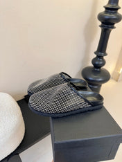 YSL 26S MESH MULES IN BLACK CALFSKIN AND WITH RHINESTONES