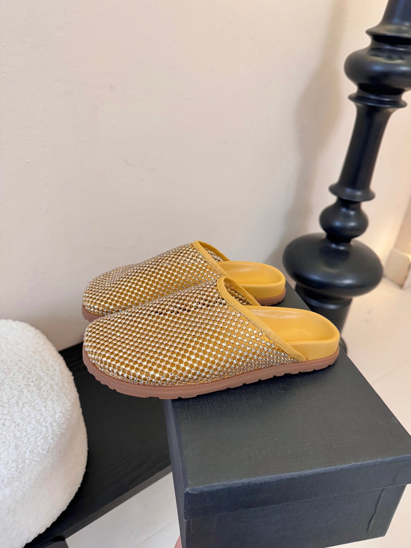 YSL 26S MESH MULES IN BEIGE YELLOW CALFSKIN AND WITH RHINESTONES