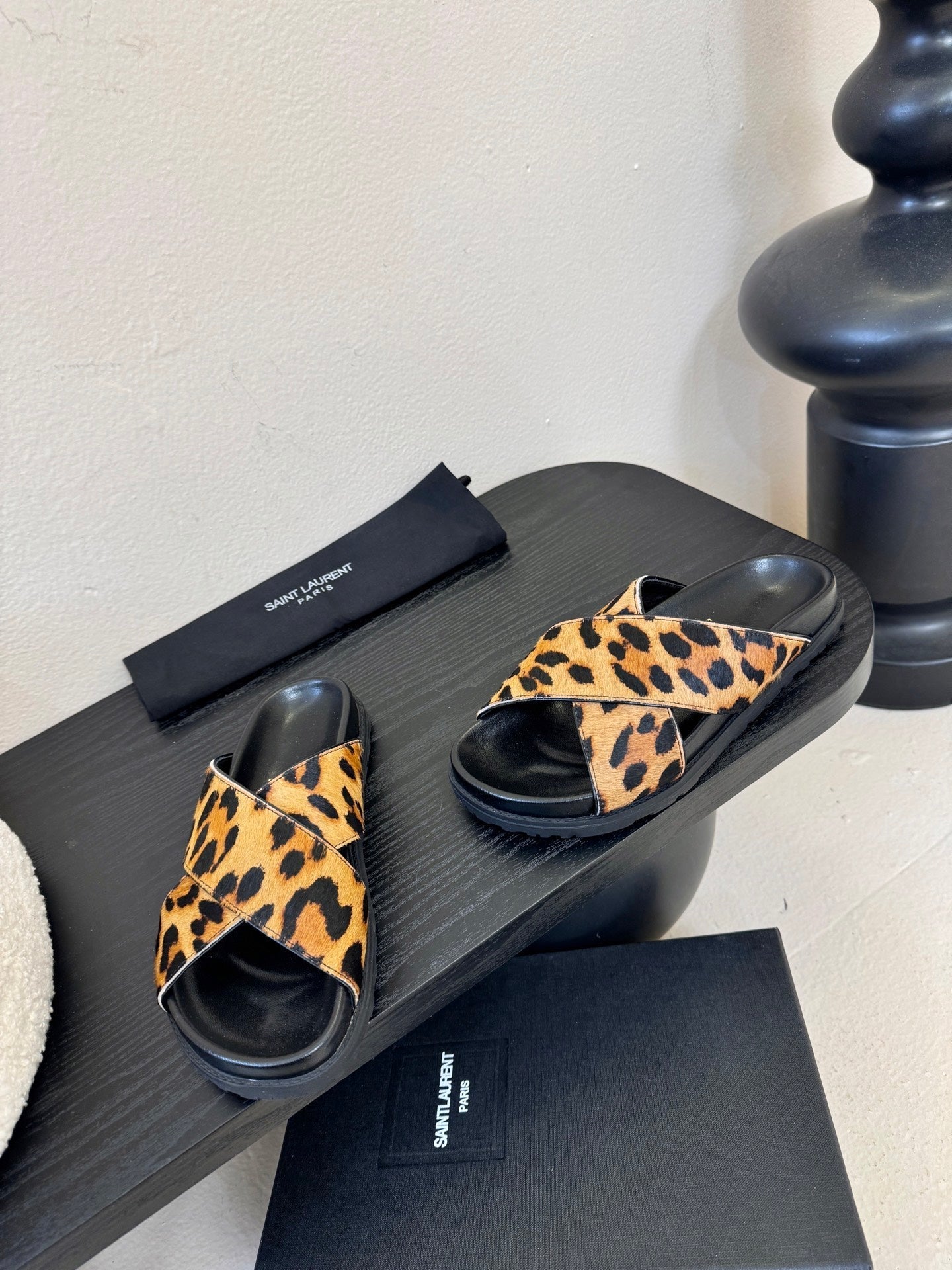 YSL 26S CROSS-STRAP SANDALS IN LEOPARD PRINT CALFSKIN HAIR STYLE 1
