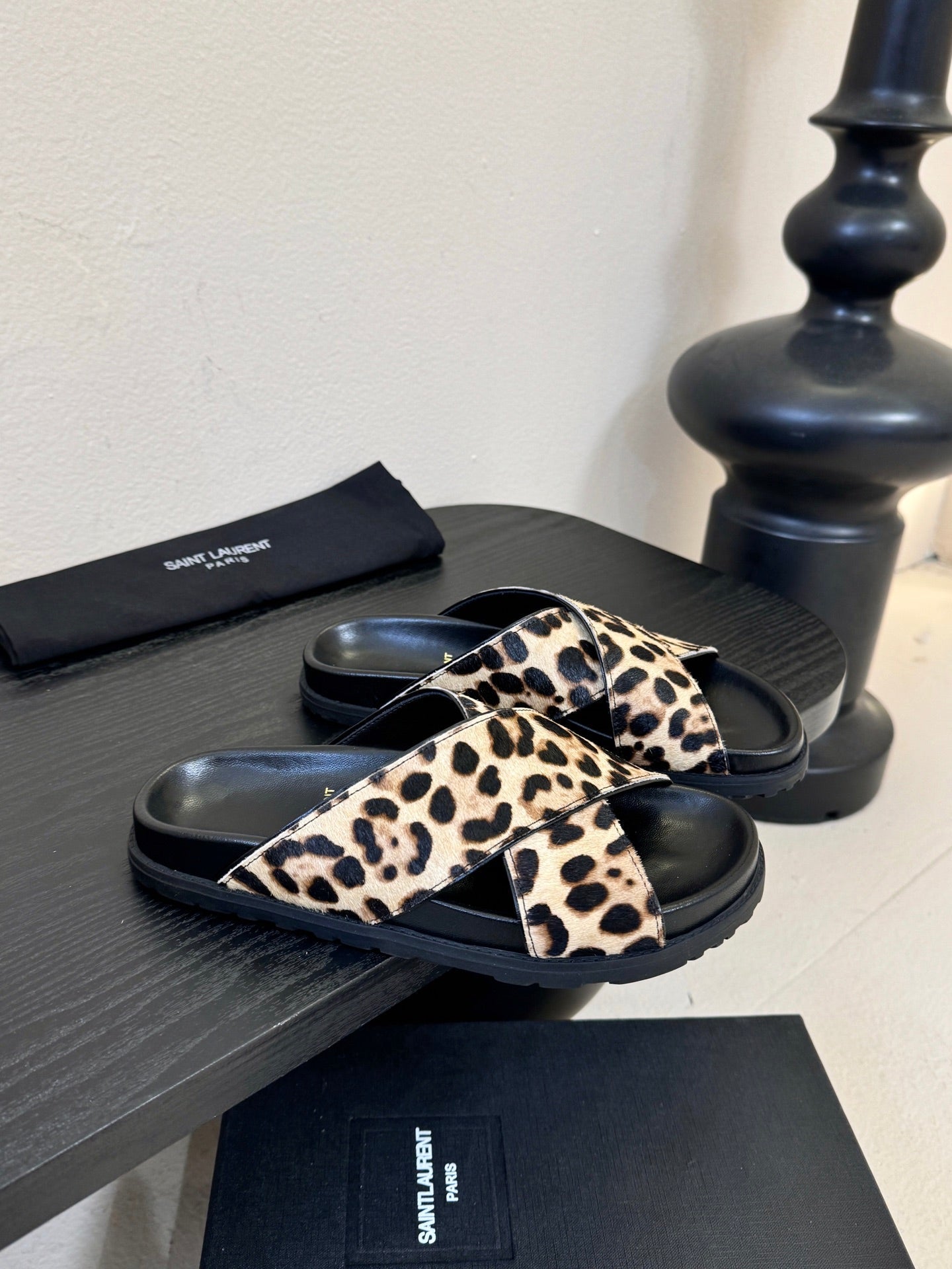 YSL 26S CROSS-STRAP SANDALS IN LEOPARD PRINT CALFSKIN HAIR